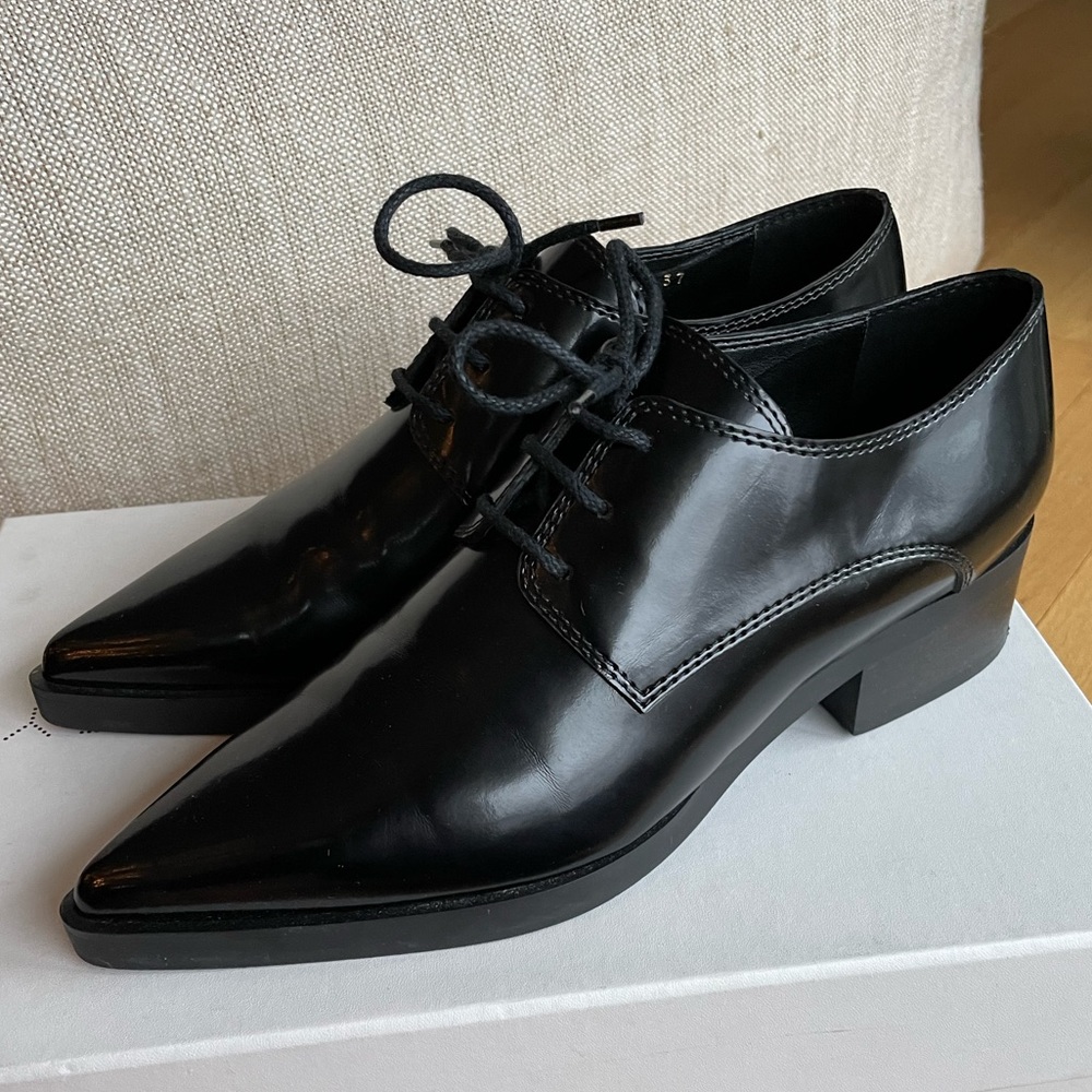 Stella McCartney vegan box leather pointy toe low heel dress shoe